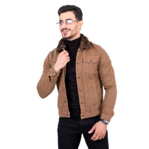 blouson denim col fourrure marron